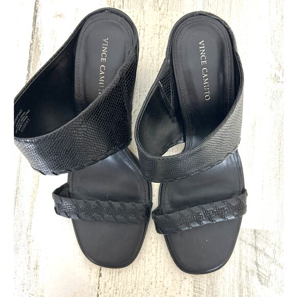 Vince Camuto Women’s 9.5 Kafinny Black Leather Flare block Heel Slip-On Sandals - Picture 2 of 8